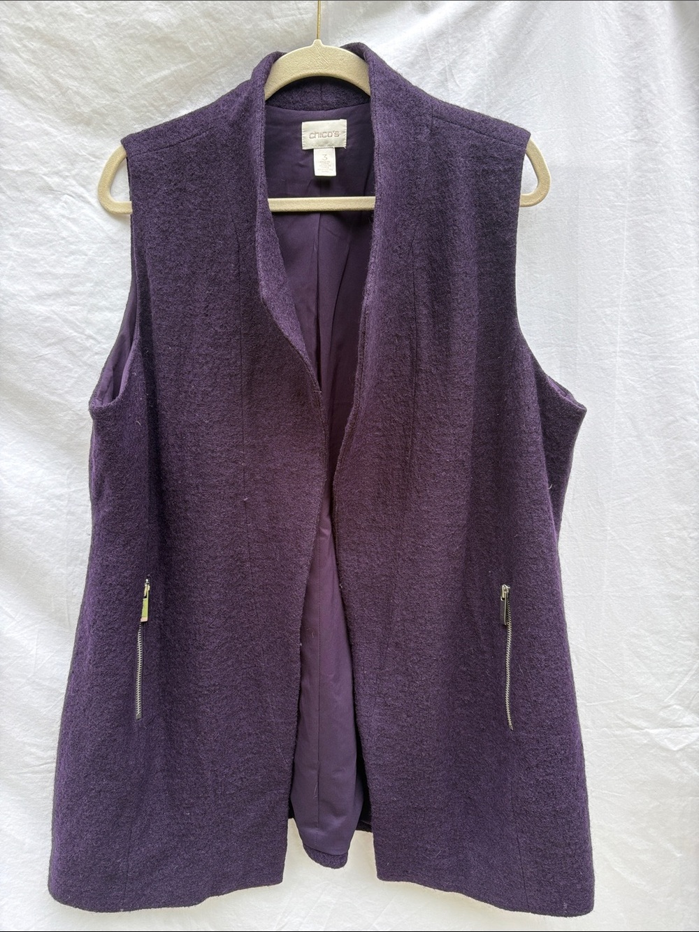 Chico's Purple Mid-Thigh Sleeveless Zip Wool Vest
